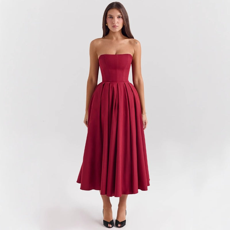 Women's dress: sexy summer outfit - high-end fishbone bandeau dress, pure & sultry style, hot girl slim fit, backless midi dress