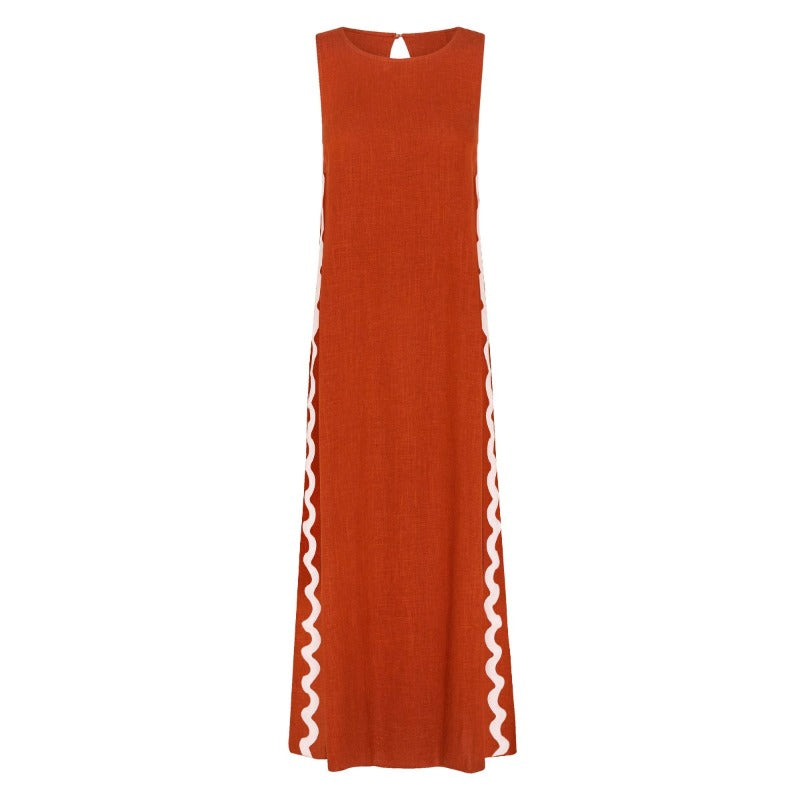 Women's sleeveless midi dress - spring/summer casual fashion: round neck, solid color, lace trim, and slit detail