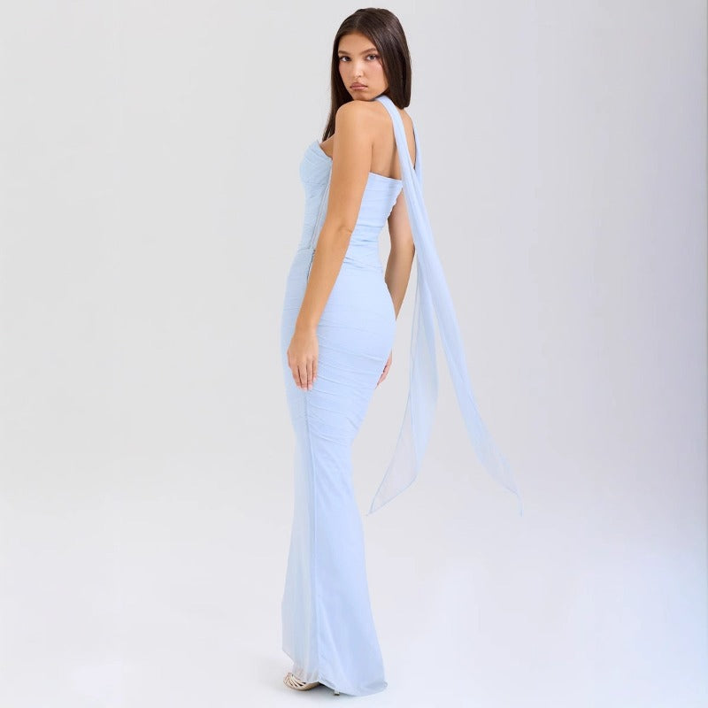 Women's dress: cross-border european and american style blue bandeau crop top + high-waisted bodycon pencil skirt slim-fit two-piece set