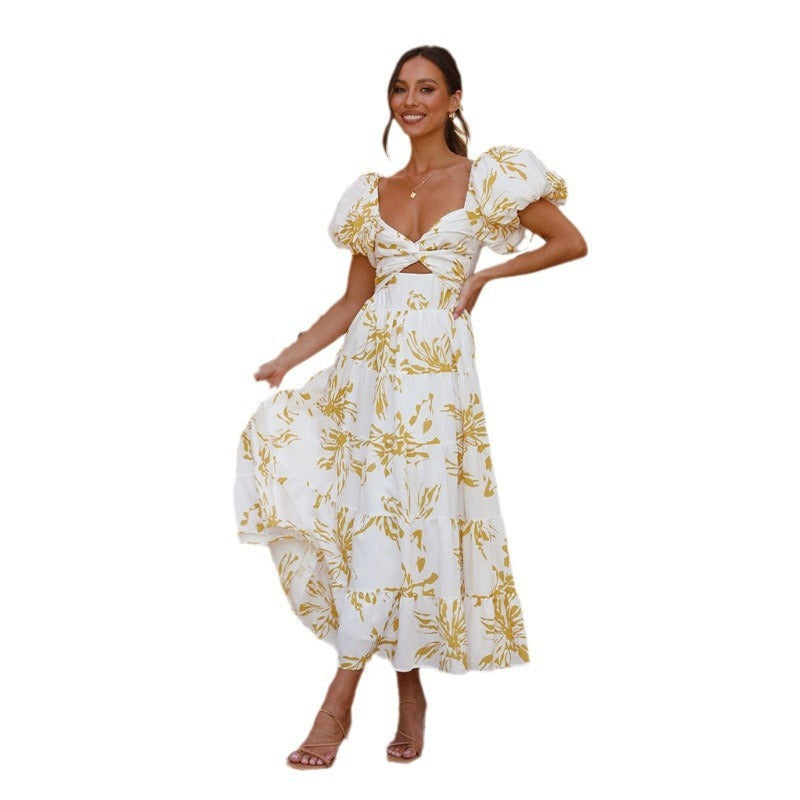 Women's dress - cross-border fashion, spring/summer, amazon style, elegant, slim-fit, printed, puff sleeve, high-end maxi dress for women