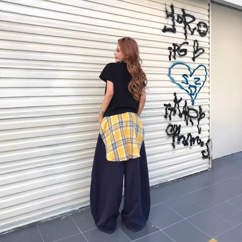 Women casual pant patchworkplaid skirt fart curtain