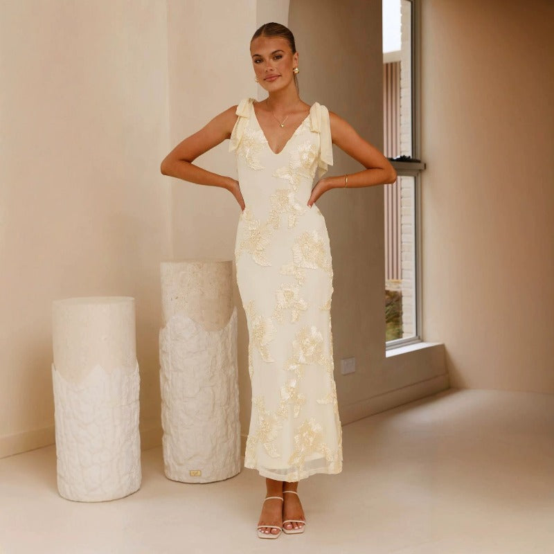 Women's dress: european and american summer 3d embroidered backless crisscross tie-up maxi dress - exquisite floral embroidery banquet gown