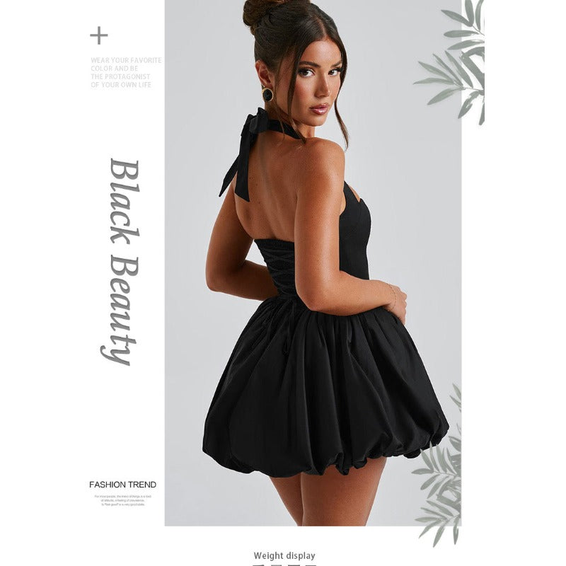 Women's dress: european and american summer hot girl style sexy cinched waist slimming puffy skirt halter neck tie-up bow dress