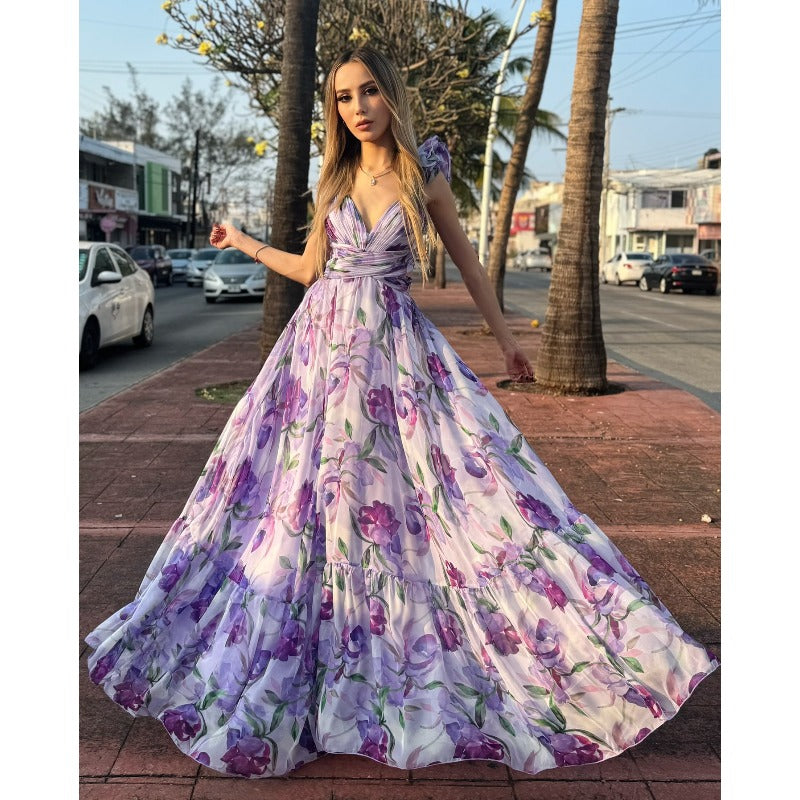 Women's summer cross-border fashion printed back-tie maxi dress - elegant and flowy
