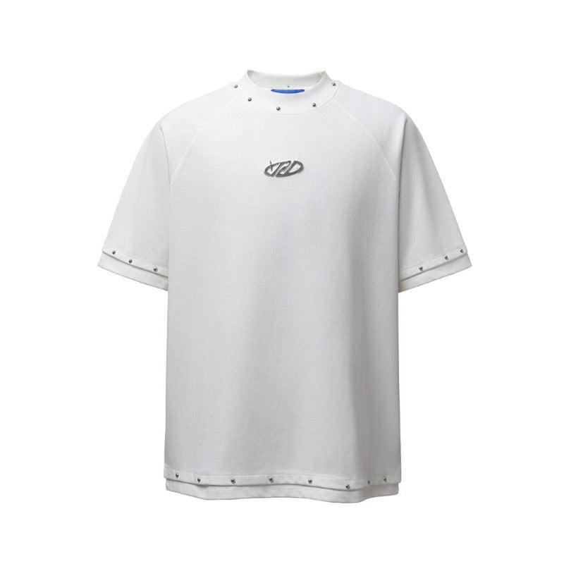 Men's t-shirts: american retro heavyweight double yarn high-quality high street distressed metal embellished men's loose fit short sleeve t-shirt