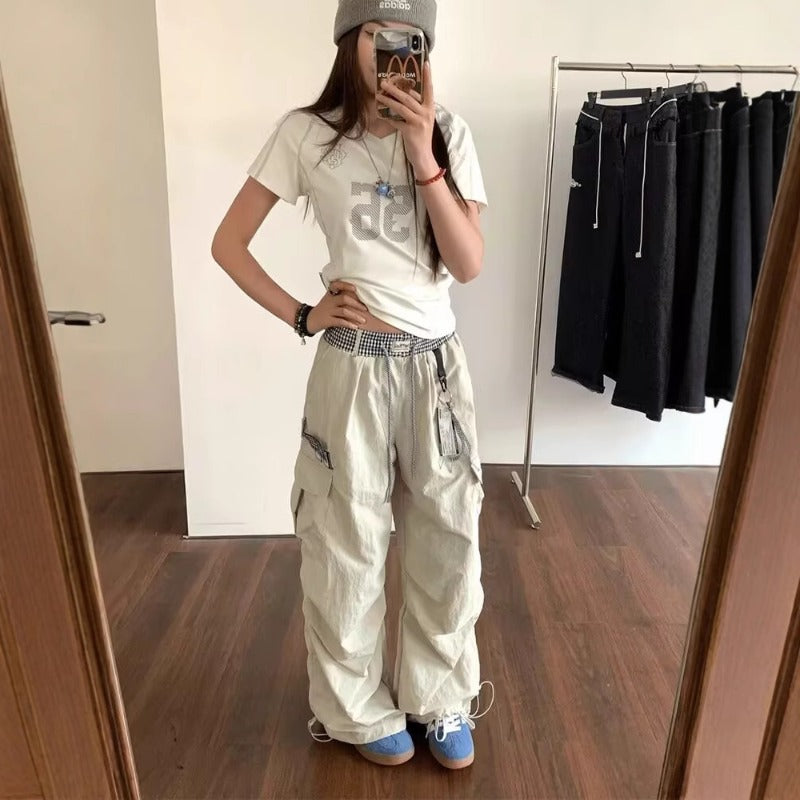 Women casual pants women splicing plaid double waist straight