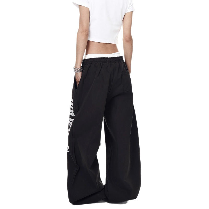 Women casual pants retro double waistband loose