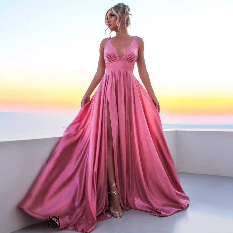 Women's one-shoulder maxi dress - elegant sleeveless sexy high-waisted slit dress - amazon us & european style - wholesale apparel