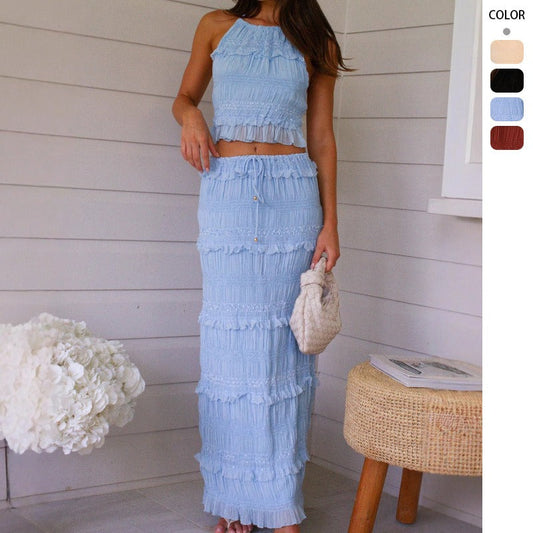 Women's sleeveless chiffon two-piece set: european & american style, spring/summer, elastic waist, loose fit, ins-inspired vacation dress set
