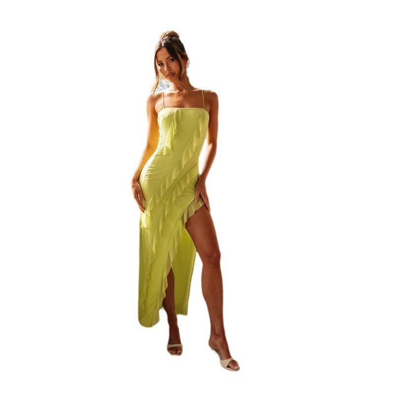 Women's dress: european and american style summer fashion - sexy spaghetti strap, backless, slit, ruffle trim, elegant dress