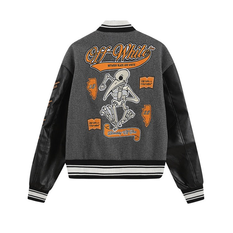 Off White Jacket Spring OW Skull Decal Woolen Splicing Leather Sleeve Heavy Industry Embroidered Jacket