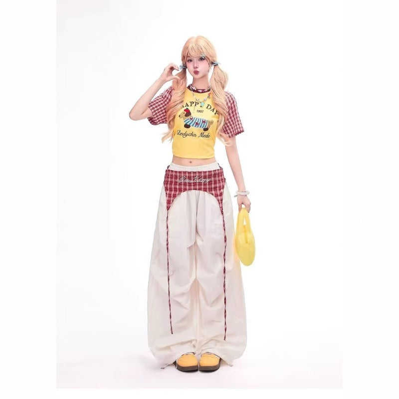 Women casual pants retroplaid butt curtain