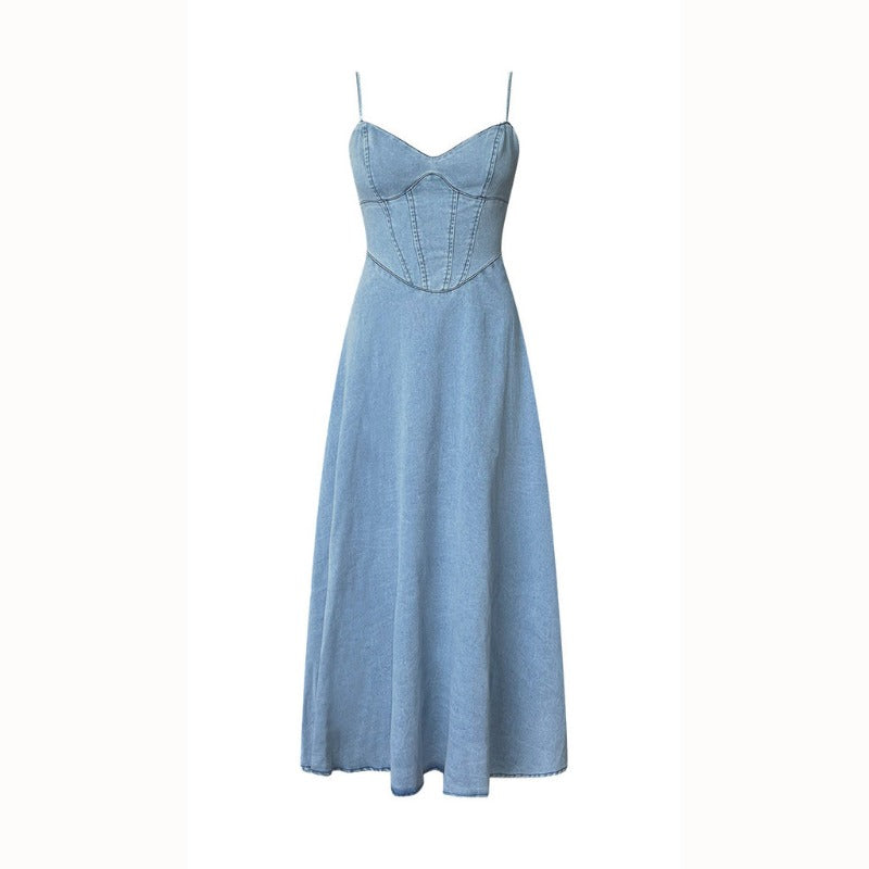 Women's dress: european and american spring/summer new cross-border amazon v-neck camisole distressed sexy elastic denim maxi dress