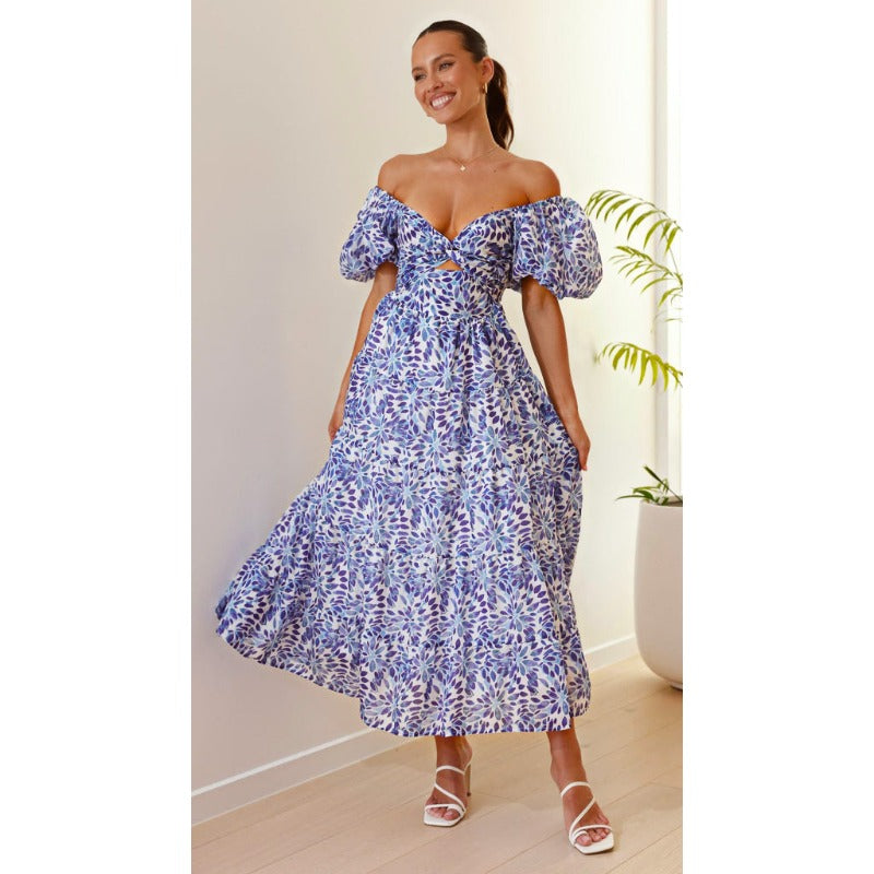 Women's dress - cross-border fashion, spring/summer, amazon style, elegant, slim-fit, printed, puff sleeve, high-end maxi dress for women