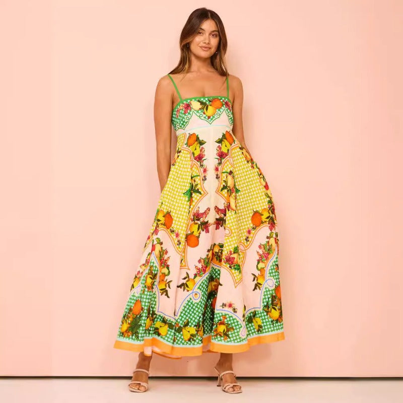 Women's summer dress: sexy spaghetti strap, high-waisted, flared maxi dress with elegant print - perfect for us & european marketplaces