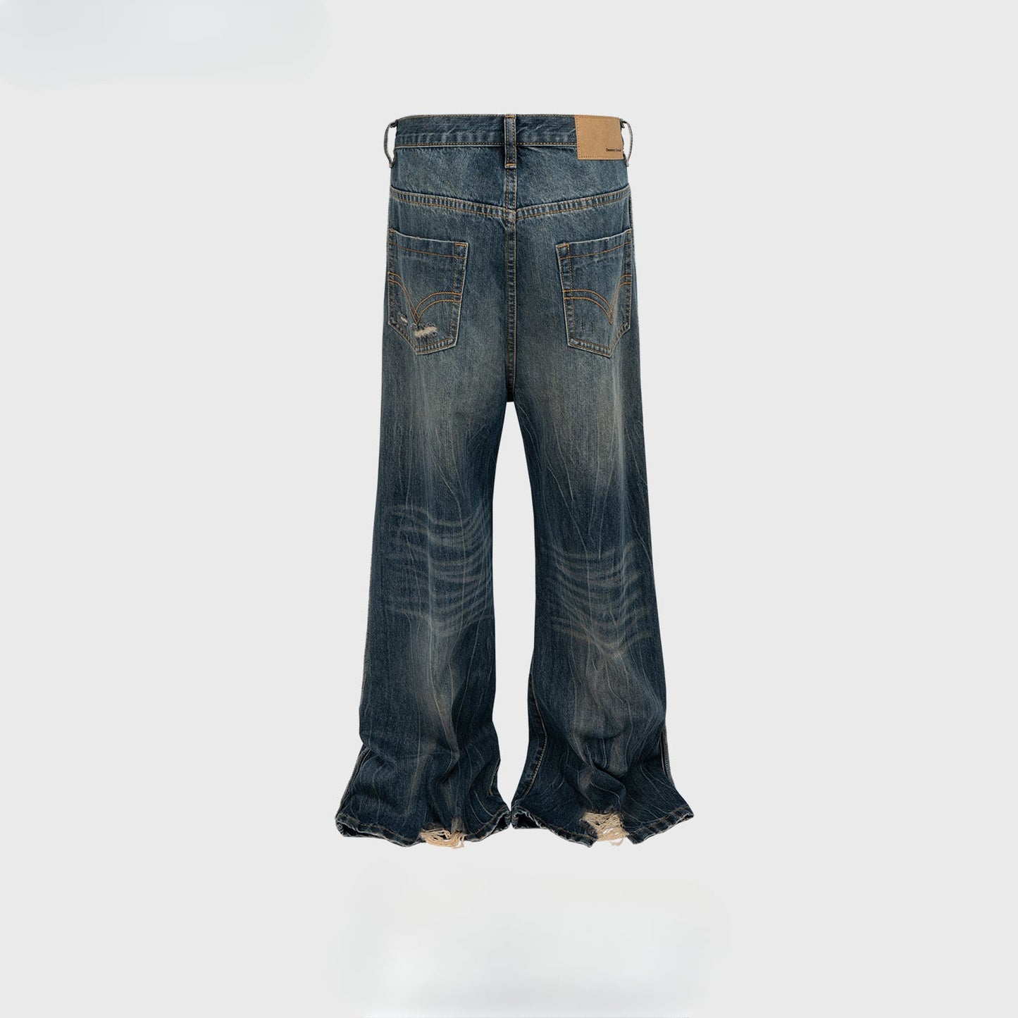 MIJKO Men Vintage Pants MIJKO Washed Textured Jeans Old Micro-horn Wide Foot Splicing