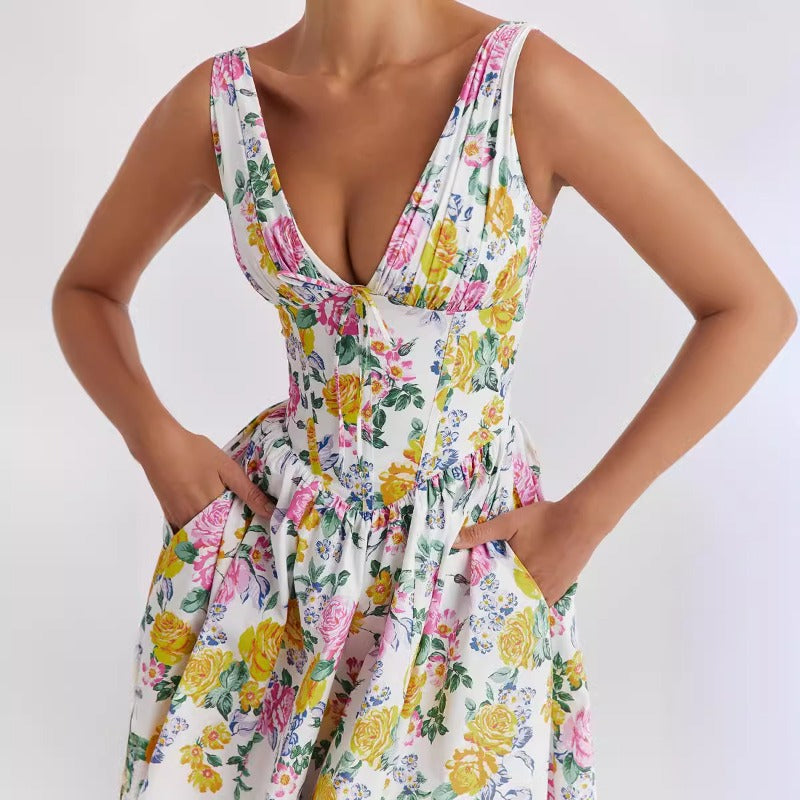 Women's dress - summer export, elegant v-neck, cinched waist, sleeveless, floral print, vacation dress, midi length