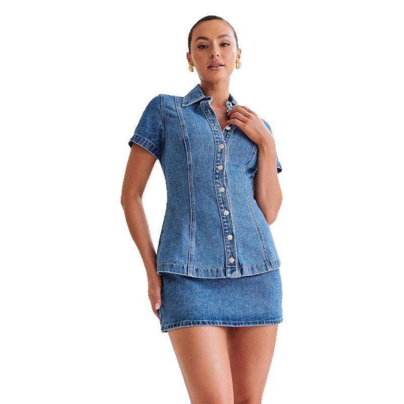 Women's dress: cross-border amazon fashion - european & american style women's short-sleeve denim button-down collar top & high-waisted skirt set