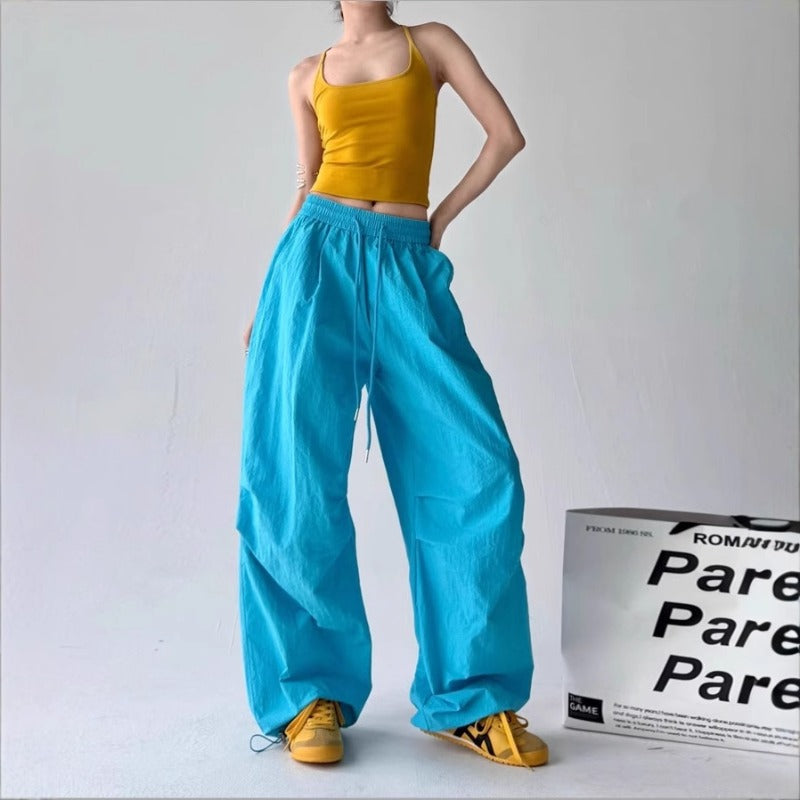 Women casual pants retro sports wide leg pants hiphop retro straight tooling casual pants