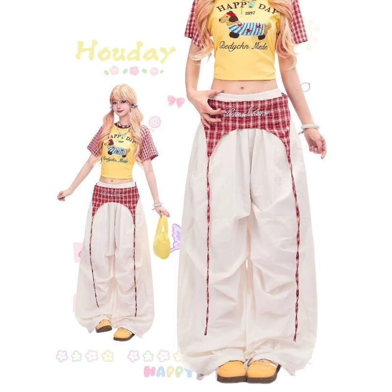 Women casual pants retroplaid butt curtain