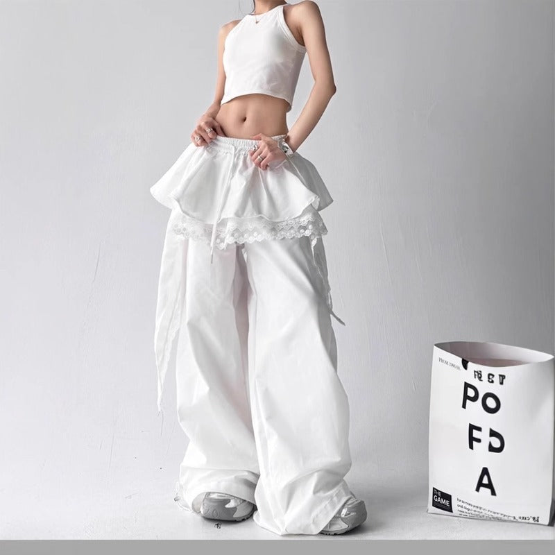 Women casual pants lace stitching women's loose overalls