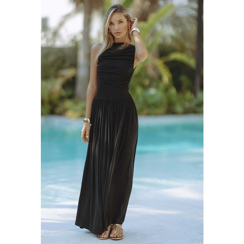Women's dress: european and american style, cross-border trendy fashion, sexy sleeveless ruched bodycon dress, solid color women's dress