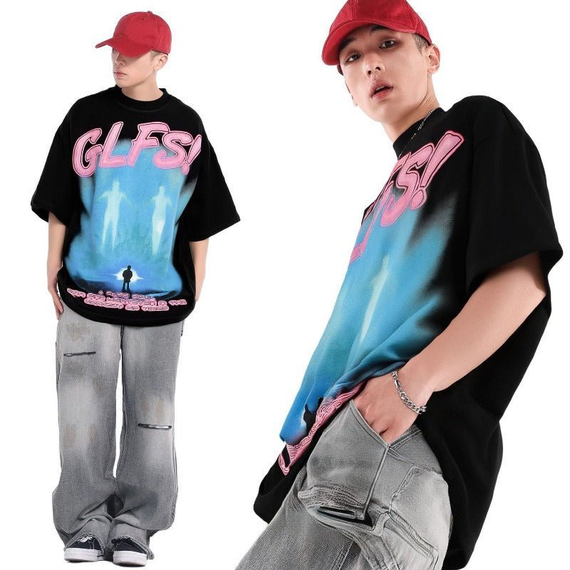 Men's t-shirts: gt american streetwear summer alien graphic premium design, men's relaxed fit crew neck short sleeve tee