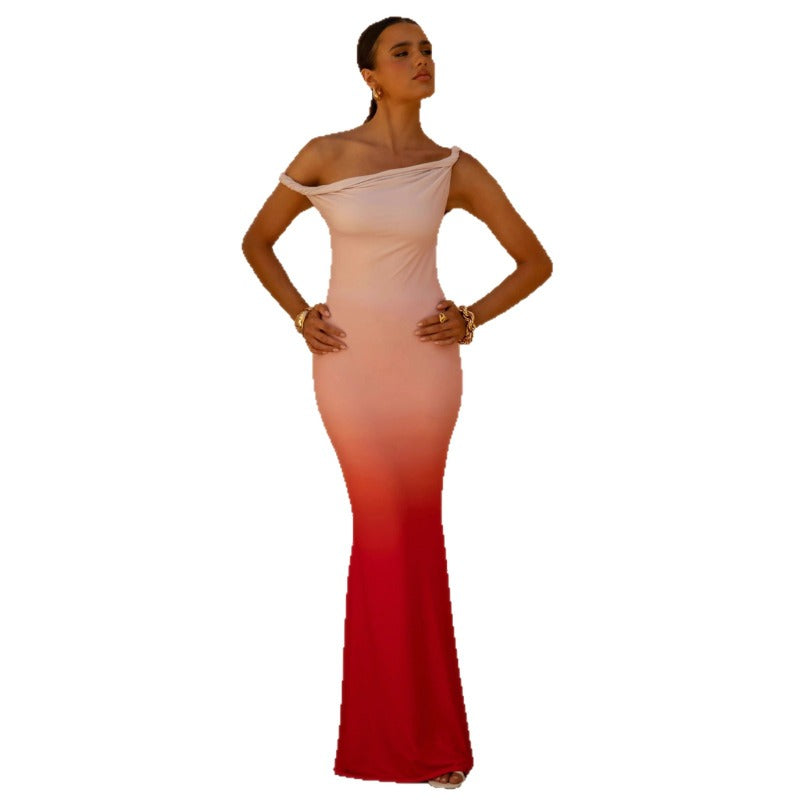 Women's dress - european & american style, amazon cross-border summer export, one-shoulder/off-shoulder evening gown, slimming & figure-flattering, spliced mermaid maxi dress