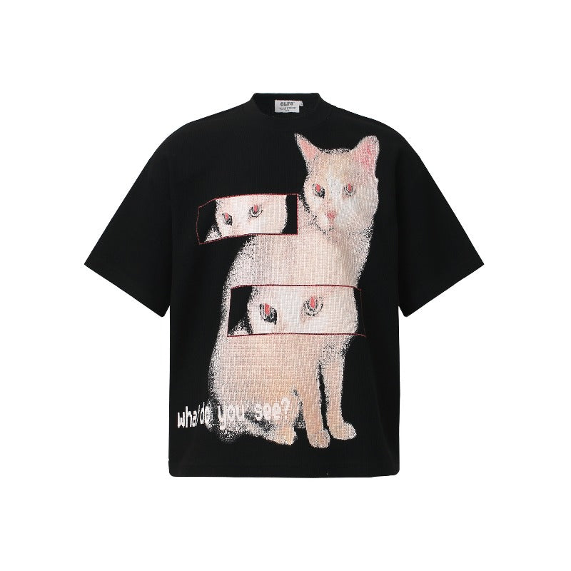 Men t shirts t american retrocouple street trendy waffle grids fabric cat design high street men's loose small round neck t-shirt