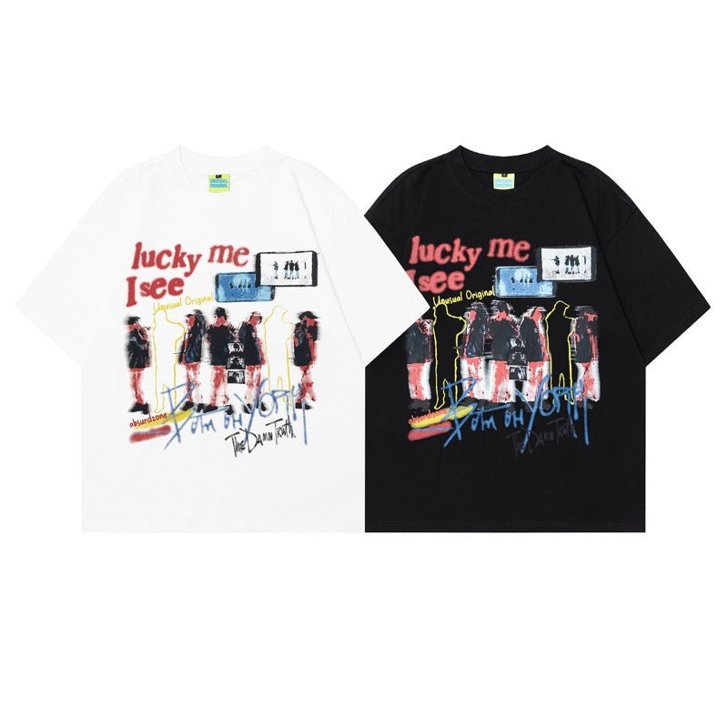 Men's t-shirts - american streetwear style, summer retro couple's magazine element silhouette design, men's loose fit short sleeve t-shirt
