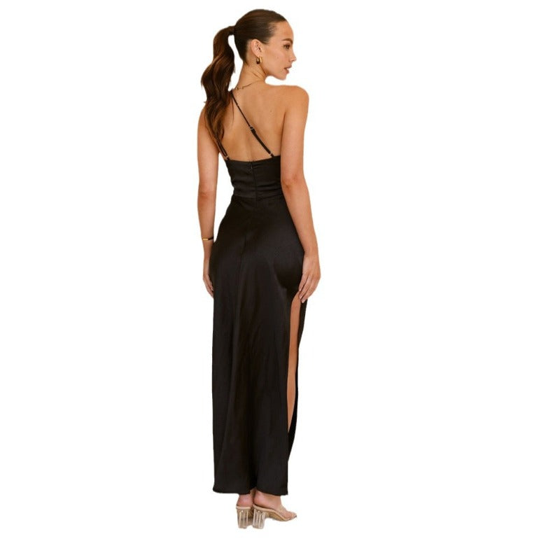 Women's sleeveless solid color sexy bandeau cami slit maxi dress - european & american amazon cross-border fashion
