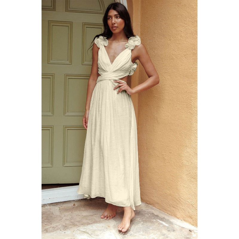 Women's dress: summer bestseller - cross-border chiffon floral pleated maxi dress with open back and criss-cross tie detail