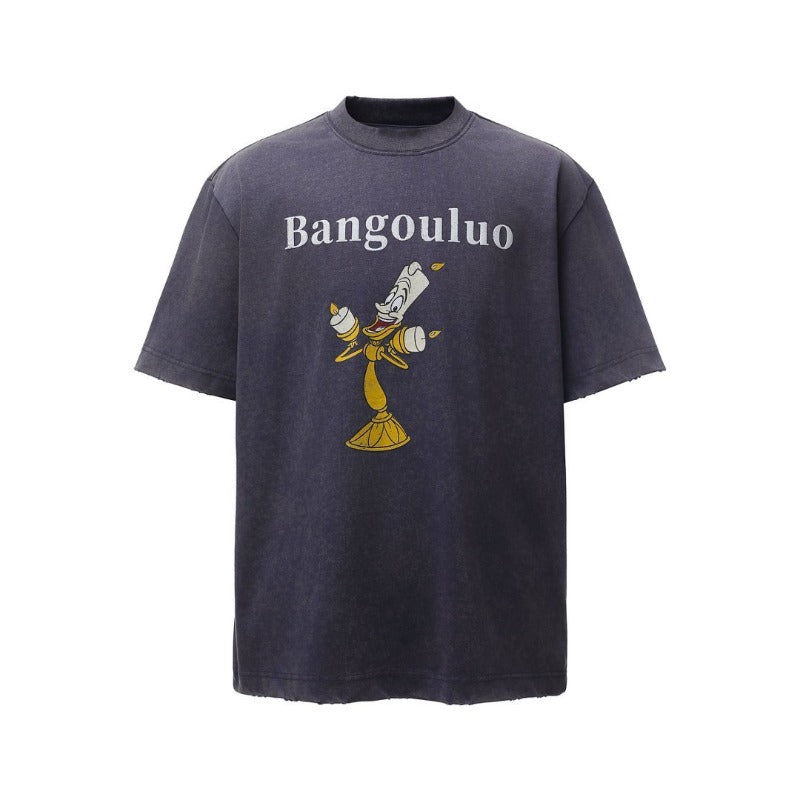 American retro heavyweight double yarn washed distressed cartoon design men's high street oversized short sleeve t-shirt