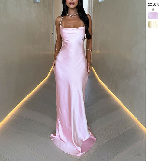 Women's dresses, direct from the factory. mid-length, figure-hugging, sexy v-neck camisole dress. soft and smooth, lightweight, twisted satin silk maxi dress