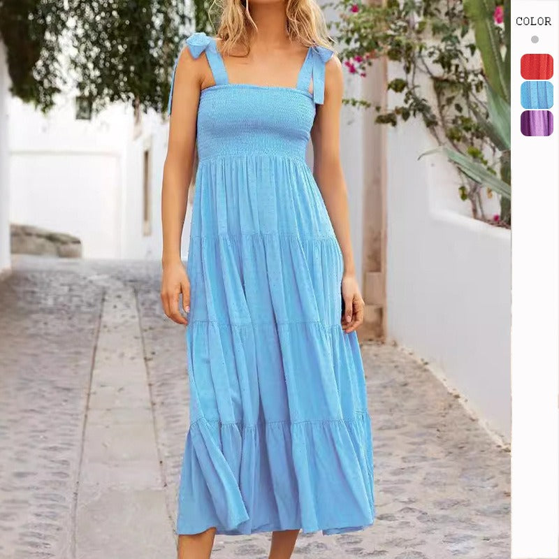 Women's spring dress - amazon fashion high-waisted sexy backless bandeau solid color ruched cami dress
