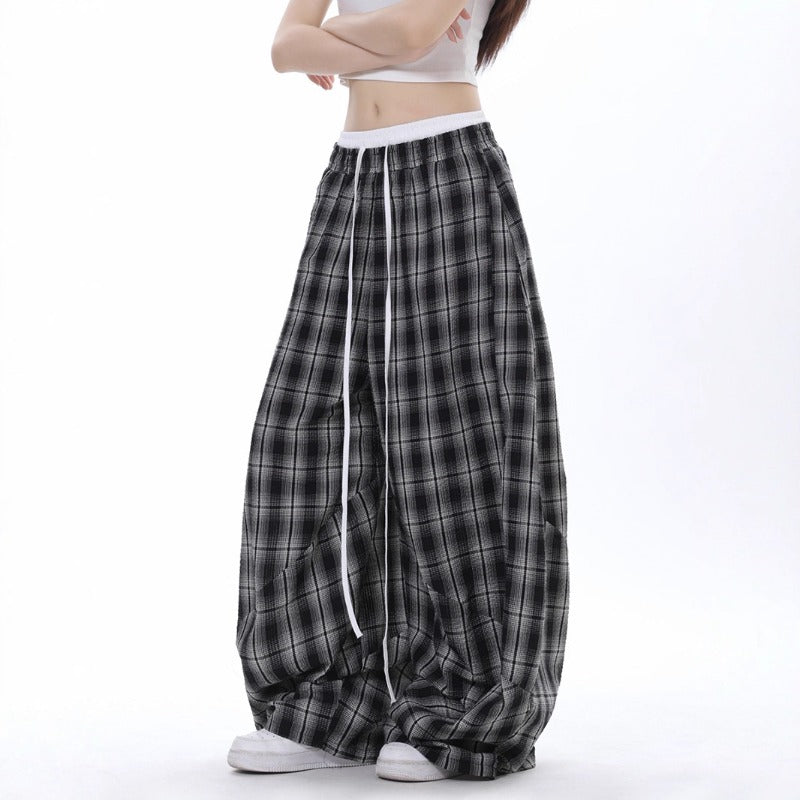 Women casual pants black and white grids high waist