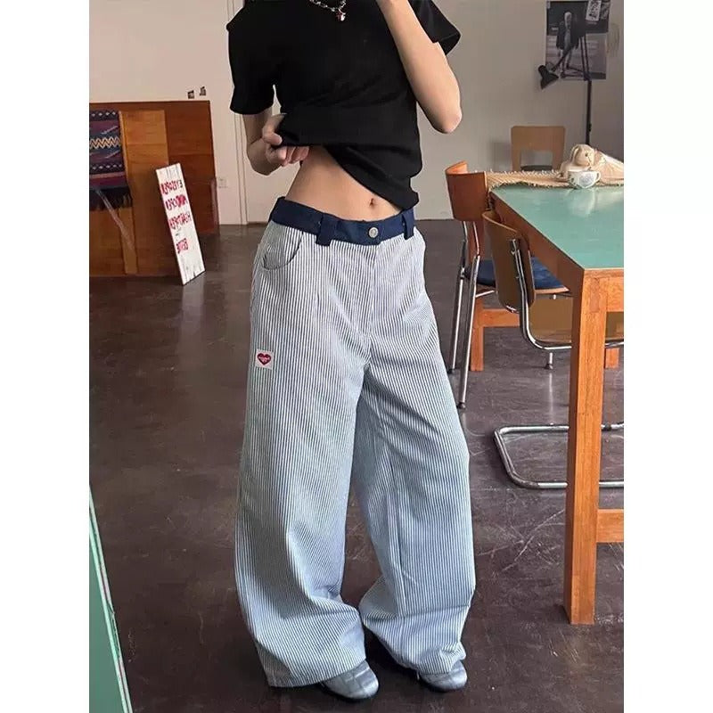 Women casual pants vintage blue striped women
