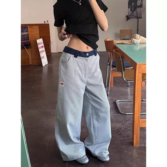 Women casual pants vintage blue striped women