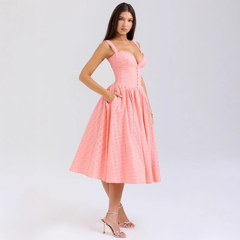 Women's dress - new arrival: solid color embroidered soft mesh, heavily detailed, sexy, slim-fit cami dress - perfect for cross-border e-commerce on amazon and independent websites
