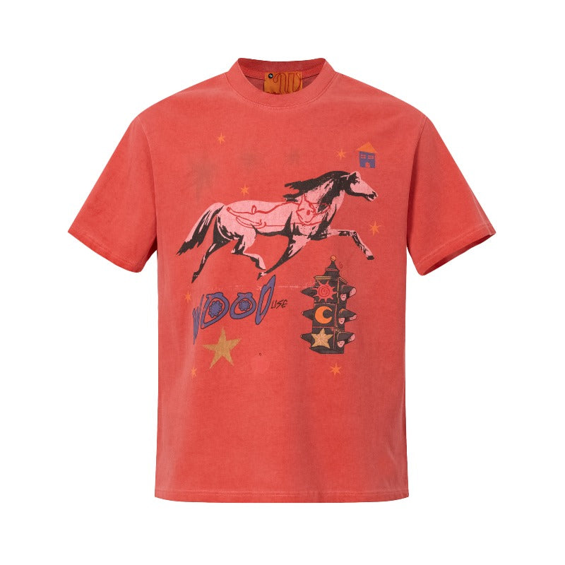 Men t shirts wt american street neutralclassy sense summer washed old horse year limited design men's loose short-sleeved t-shirt