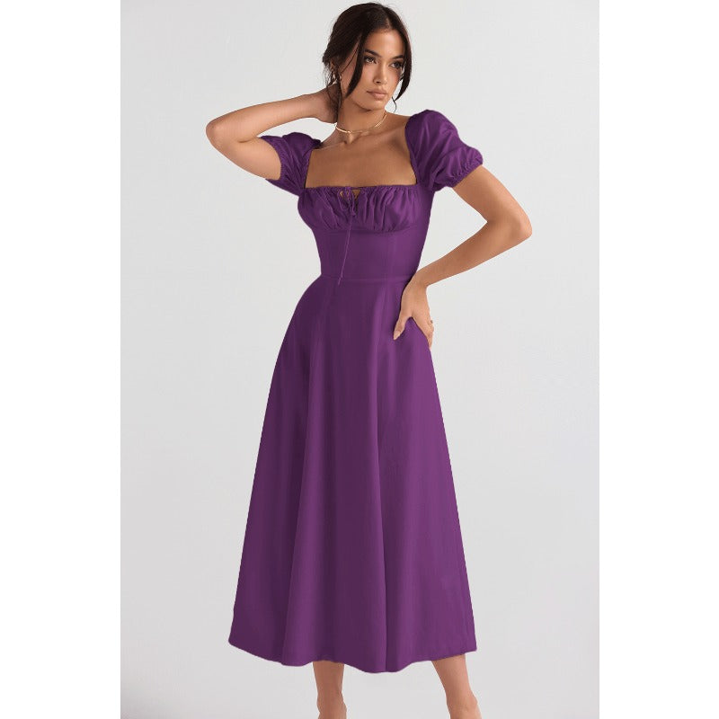 Women's high-waisted summer dress - european & american style - amazon fashion - slimming, elegant, bubble sleeve, tie-waist short sleeve dress