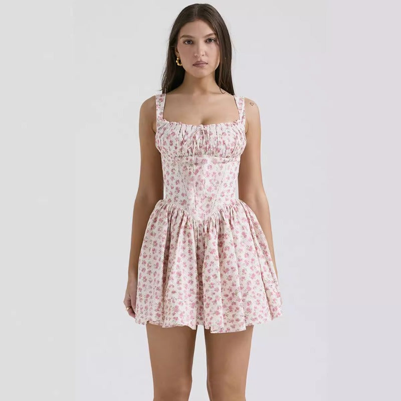 Women's dress - cross-border fashion: sexy summer floral sundress, slim-fit ballet-style puff skirt with spaghetti straps
