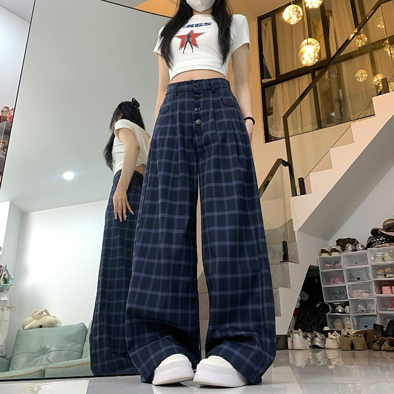 Women casual pant retrosummer breasted grids pattern