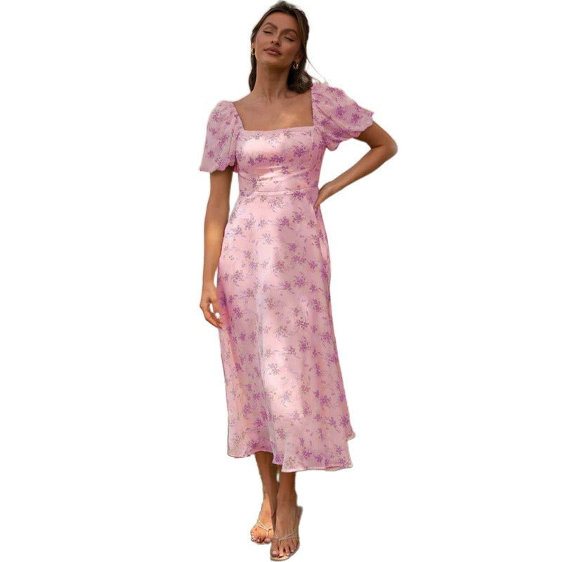 Women's dress: spring/summer european and american style, cross-border backless hot girl dress, spring collection, puff sleeve floral print dress, slimming, light luxury