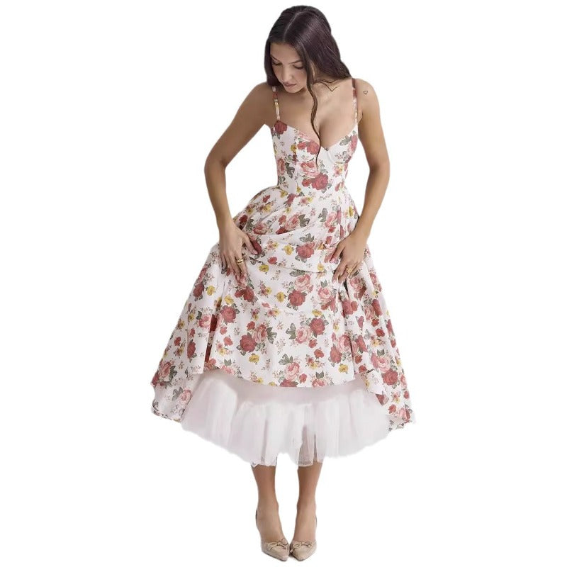Women's summer dress: european and american high-end princess gown, french style mesh a-line double layer spaghetti strap dress