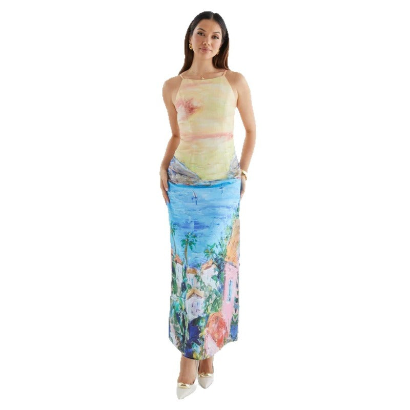 Women's dress - american sweetheart oil painting style dress - spring/summer ins trendy versatile casual long dress for women