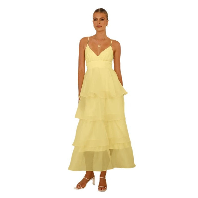 Women's dress: european & american cross-border sexy backless spaghetti strap cake pleated tie-up fashion evening party slim-fit dress