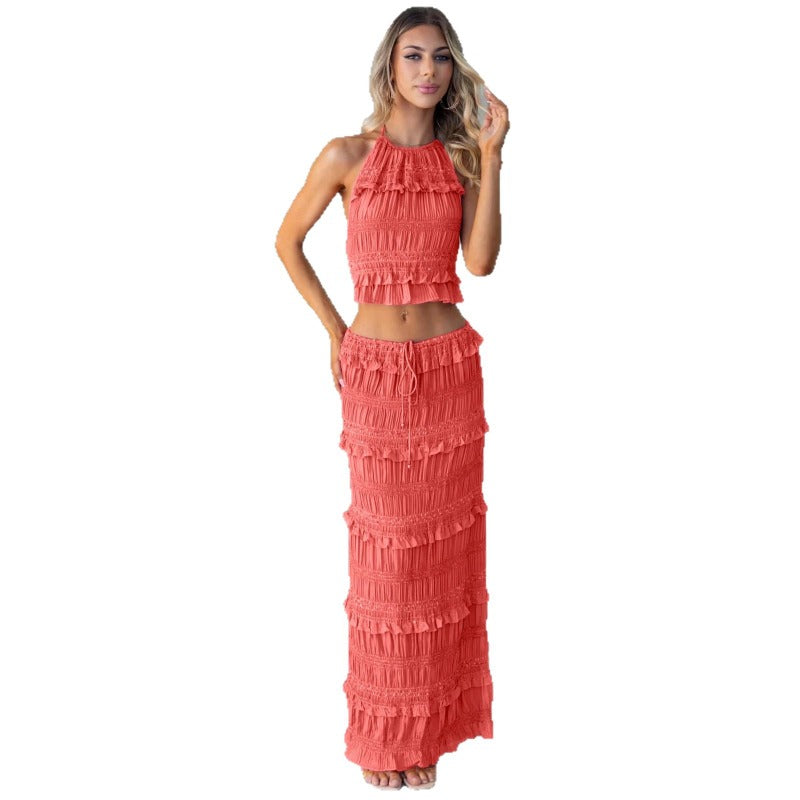 Women's sleeveless chiffon two-piece set: european & american style, spring/summer, elastic waist, loose fit, ins-inspired vacation dress set