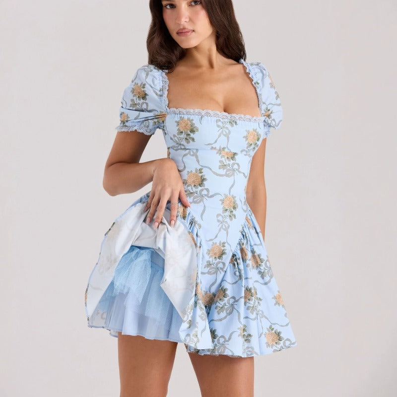 Women's summer fashion elegant square neck slim-fit printed mesh lace bubble sleeve waist-cinching dress