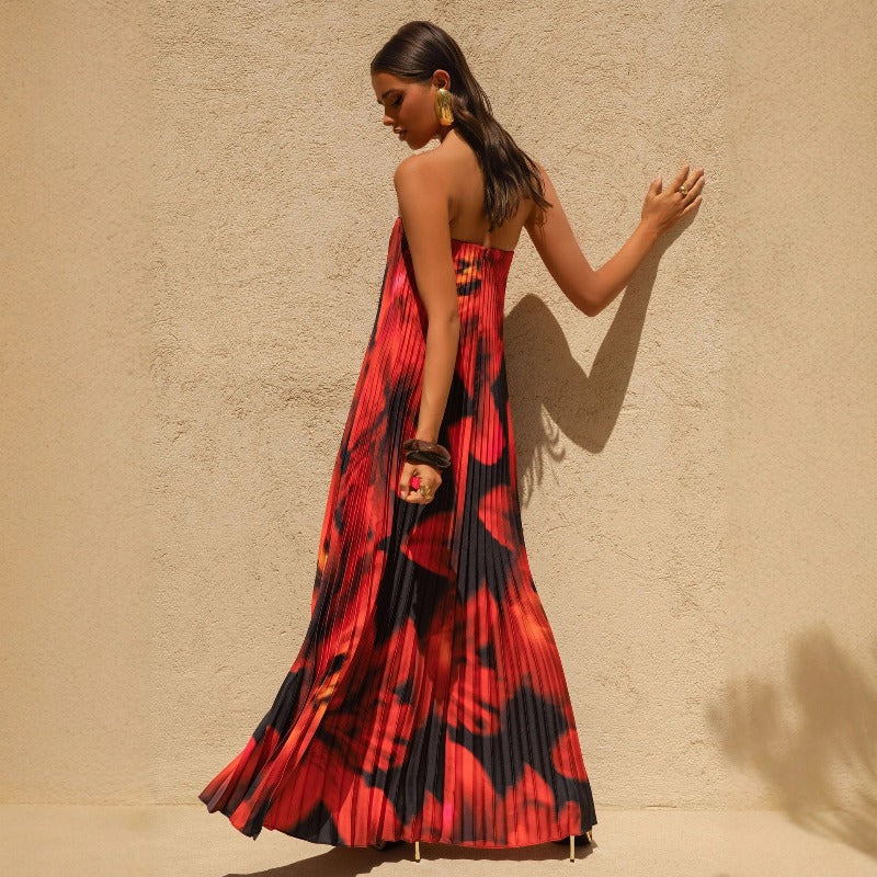 Women's dress - amazon independent site, cross-border e-commerce, european & american export, printed bandeau, loose fit, heavily pleated, long maxi dress for women